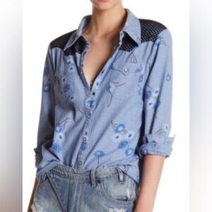 One Teaspoon Chambray Floral Western Button Down Top
